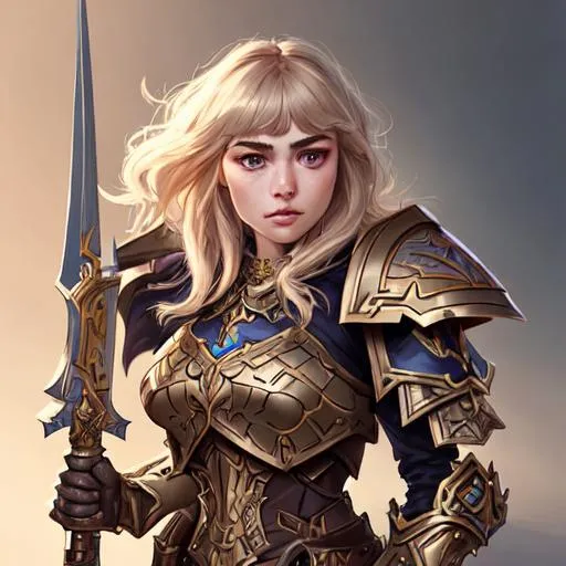 Prompt: portrait of imogen poots as a warhammer paladin, with gun by sasha tudvaseva, deep focus, intricate, elegant, regal, highly detailed, digital painting, artstation, concept art, matte, sharp focus, illustration, warhammer, fantasy, hearthstone, art by artgerm and greg rutkowski and alphonse mucha