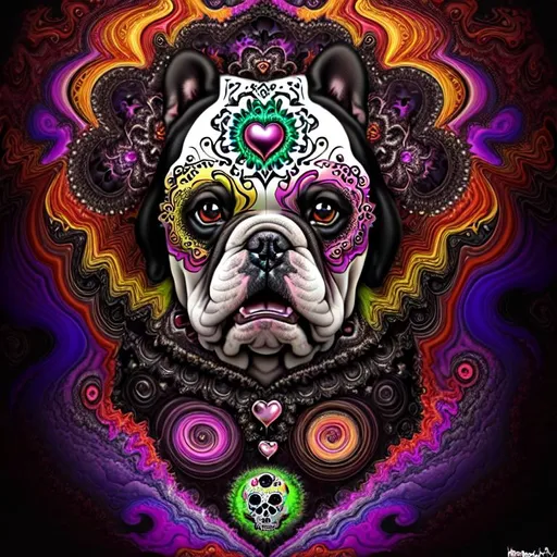 Prompt: Beautiful, Epic, Amazing, dark swirl, 3D, HD, Mandelbrot Julia Fractal ink, (Beautiful {Bulldog puppy}Sugarskull and happy face) green red yellow blue gold silver black), freeform psychedelic chaos ultra HD, digital painting,  desert with {heart-shaped Sunset} background, uber detailed, 64k, high quality, sharp focus, studio photo, intricate details, highly detailed --s98500