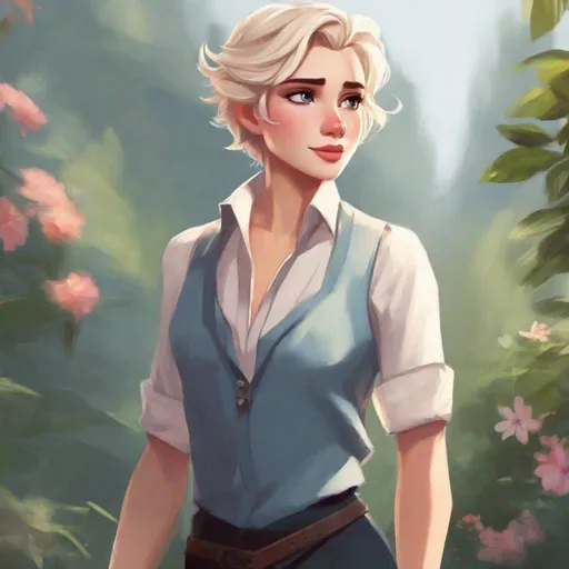 Prompt: elsa in masculine clothing with short hair but still beautiful, 2d, fanart