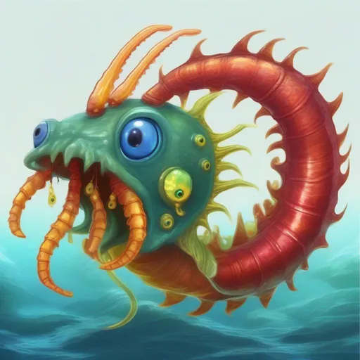 Prompt: Sea Monster, red shrimp-like tail, really long red antennae, yellow mane and seashells, blue forehead orb, yellow-green eyes, masterpiece, best quality, in cartoon style
