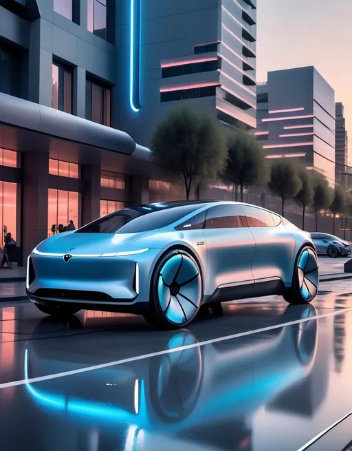 Prompt: (futuristic vehicle design), a striking mix of a Tesla Cybertruck, BMW Next 100, Kia EV9, and Mercedes Vision EQ Silver Arrow, adorned in pastel blue, (sleek lines) and (smooth curves), showcasing innovative energy-efficient features, (dynamic angles), (high-quality 4K resolution), elaborate details, vibrant reflections, set against a modern urban background, with a touch of soft lighting creating an inviting atmosphere.