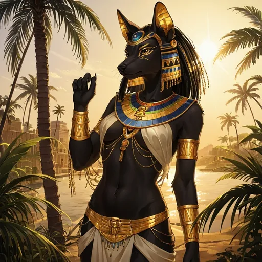 Prompt: Egyptian Goddess Bastet, furry demi-human form, as a dark-black skinned Egyptian woman, graceful pose, adorned in traditional garments, jeweled accessories, golden accents, reflective of ancient Egypt, lush background with palm trees, warm sunlight casting soft shadows, serene and empowering ambiance, intricate details, high quality, ultra-detailed, cinematic vibrancy.