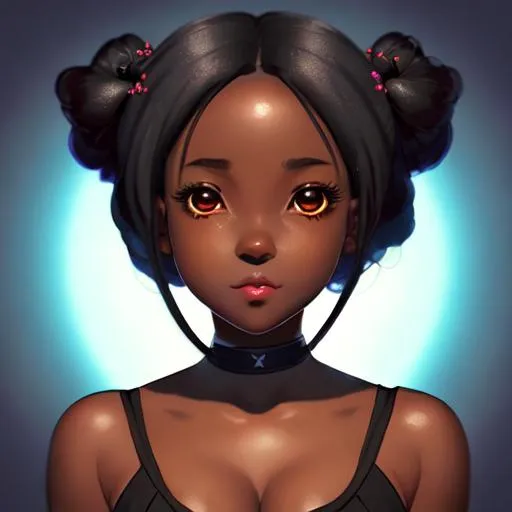 Prompt: beautiful girl, cute, blissful, black skin,  kawaii, anime Character Portrait, Looking At Camera, Symmetrical, Soft Lighting, Cute Big Circular Reflective Eyes, Pixar Render, Unreal Engine Cinematic Smooth, Intricate Detail, anime Character Design, Unreal Engine, Vintage Photography, Beautiful, Tumblr Aesthetic, Retro Vintage Style, Hd Photography, Hyperrealism, Beautiful Watercolor Painting, Realistic, Detailed, Painting By Olga Shvartsur, Svetlana Novikova, Fine Art, Soft Watercolor