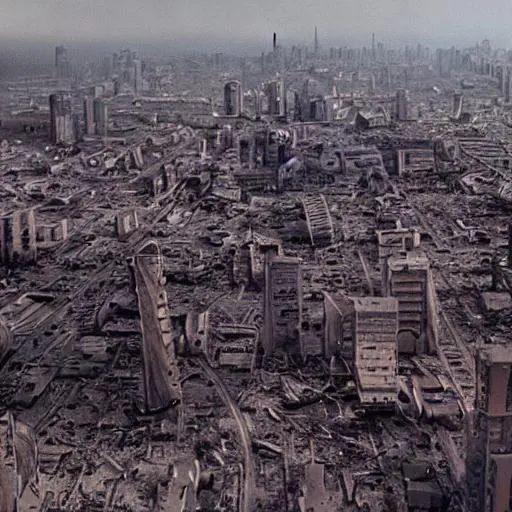 Prompt: sprawling cramped dystopian cityscape in a quentin tarantino movie, 4 k arri alfa anamorphic lens 3 5 mm film still coloured destroyed countryside