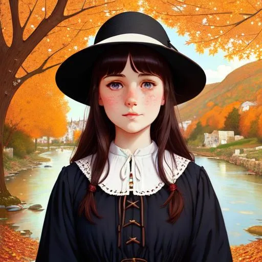 Prompt: Cute pilgrim girl with freckles, detailed face, round pupils. by Waterhouse and Loish. Autumn riverside background