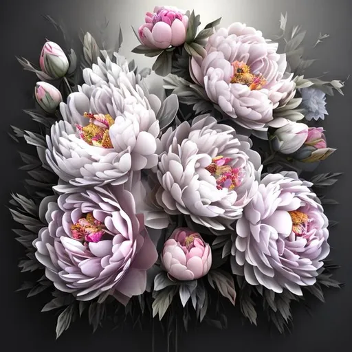 Prompt: PAEONIA ALERTIE realystic style 11 flowers bouquet ligthener white pink vintage art 3d style craced canvas  dark background 