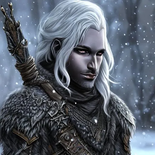 Prompt: male drow, black curly hair, white strands, bearded, crossbow, ranger, outsider, winter coat, scalemail armor, gloomy