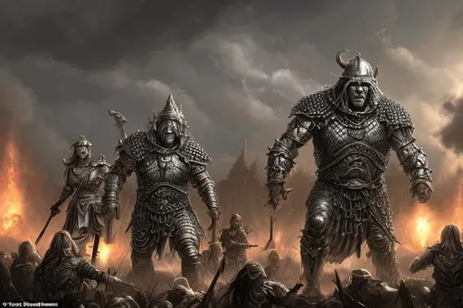 Prompt: A god the size of a house stands in the background, A Human army wearing chainmail armor are fighting, battlefield background, Fantasy