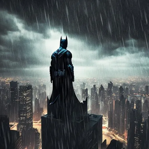 Prompt: batman
looking over the city with rain pouring
