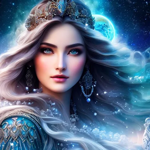 Prompt: create photograph of most beautiful fictional winter female goddess princes with beautiful eyes and hair, extremely detailed face, space and planets an nebulae in sky highly detailed, extremely detailed environment, extremely detailed background, intricate, extremely detailed skin, natural colors , professionally color graded, photorealism, 8k, realistic, moody lighting, ambience lighting