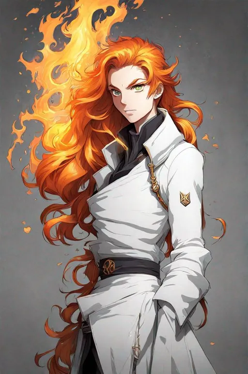 Prompt: Line drawing, concept art, anime, medieval fantasy, trench coat, genasi, ginger, flame hair, fierce, very detailed character, high contrast, colorful 