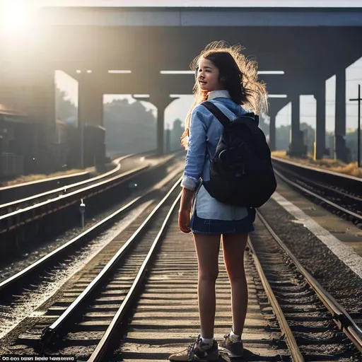 Prompt: Emily's Dreamy Departure: Picture a young woman, Emily, standing on a train platform, her backpack slung over one shoulder, with a hopeful expression on her face as she gazes at the tracks disappearing into the horizon. The sun is just beginning to rise, casting a warm glow over the scene.