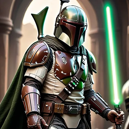 Prompt: Jedi Mandalorian in detailed armor and cloak, wielding green dual lightsabers, digital illustration, high quality, sci-fi, fantasy, intense lighting, futuristic setting, intricate details, professional art style, cool tones, highres, ultra-detailed, sci-fi, fantasy, intense lighting, futuristic, detailed armor, gold lightsabers, Jedi, Mandalorian, dual wield, cloak, professional