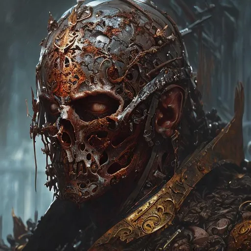 Prompt: A digital painting of an undead man with decayling flesh wearing rusted medieval armor,    concept art, super detailed, 8k, high quality, trending art, trending on artstation, sharp focus, intricate details, by greg rutkowski