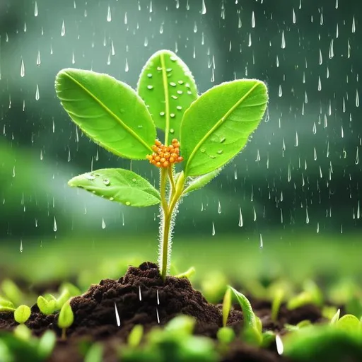 Prompt: Inspirational seedling with four leaves, photo realistic with magical features, adorable, cute, uplifting, clear background, add rain, 