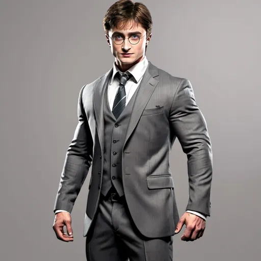 Prompt: Harry Potter from Harry Potter/ shows a Full Body from Head to Toe/ Built-Bodybuilder, Ripped, Athletic, Toned, and Muscular body shape/ Round Muscular Built broad-wide shoulders, large muscular Long Legs, and Arms/ Muscular Toned Defined Eight-pack abs/ dressed in a Sliver Three-Piece Suit