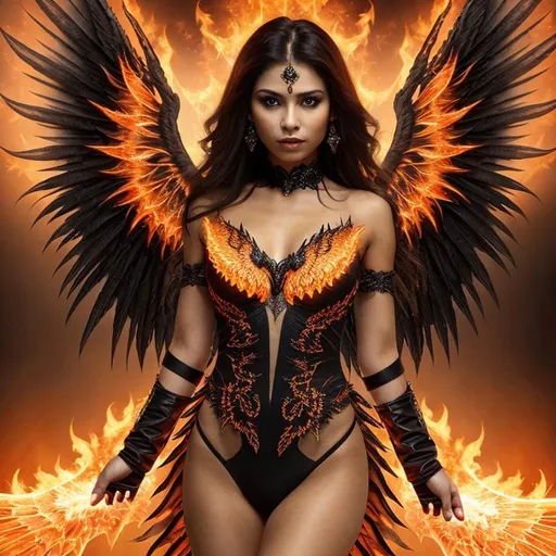 Prompt: A dark angel woman, beautiful dressed in orange and with wings of fire