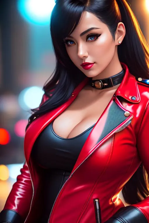 Prompt: A beautiful policewoman, an idol lookalike, wearing a police jacket exposing cleavage,  in a red Harley-Davidson motorcycle, high-detail RAW color art, piercing, diffused soft lighting, shallow depth of field, 28mm lens, F/2.8, sharp focus, hyperrealism, 85mm, a photo of 8K ultra realistic, cinematic lighting