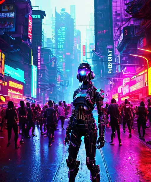 Prompt: n the bustling future city, neon lights paint the streets with vibrant hues, casting an otherworldly glow on the rain-soaked pavement. Among the swirling crowds, a female bounty hunter, clad in sleek armor and equipped with advanced weaponry, prowls with purpose. Her piercing gaze, illuminated by cybernetic enhancements, scans the throngs of people, unyielding in her pursuit of the elusive target.
