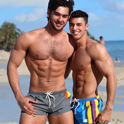 Prompt: men beach yaoi  swimwear  shorthear handsome muscler 
