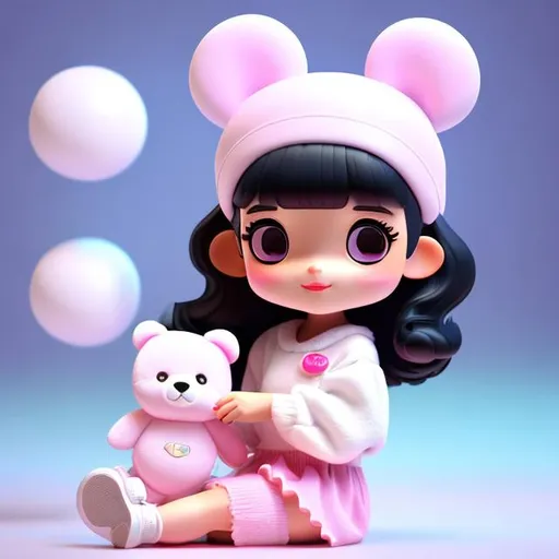Prompt: Tiny cute girl holding 
Teddy bear toy, long black hair, wearing white headband, pink dress, smiling, white sneakers, standing character, soft smooth 
lighting, soft pastel 
colors, skottie young, 
3d blender render, 
polycount, modular 
constructivism, pop 
surrealism, physically 
based rendering, 
square image