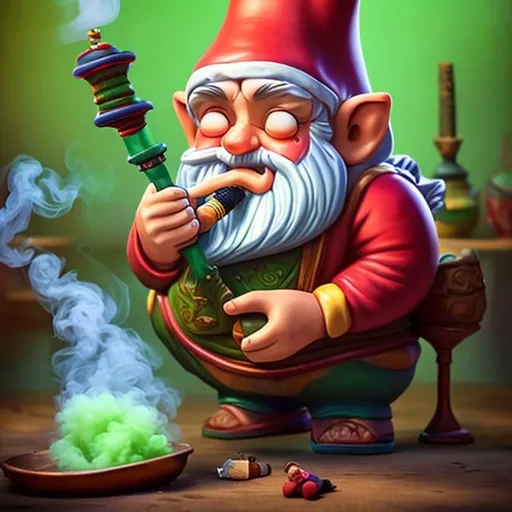 Prompt: A gnome smoking weed out of a large hookah blowing smoke out of his nose