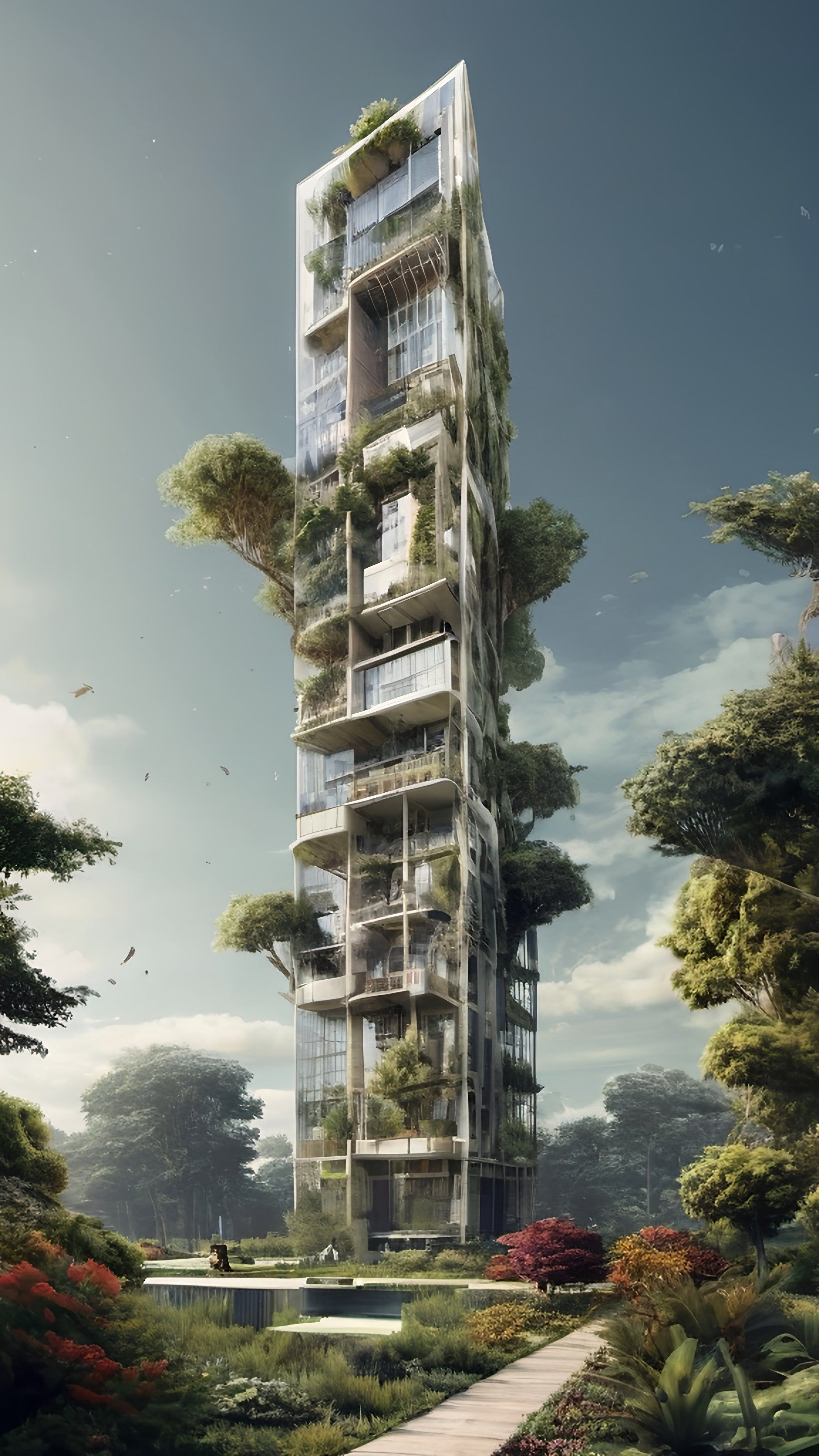 Prompt: a tall building with lots of plants growing on it's sides and a walkway leading to it's top