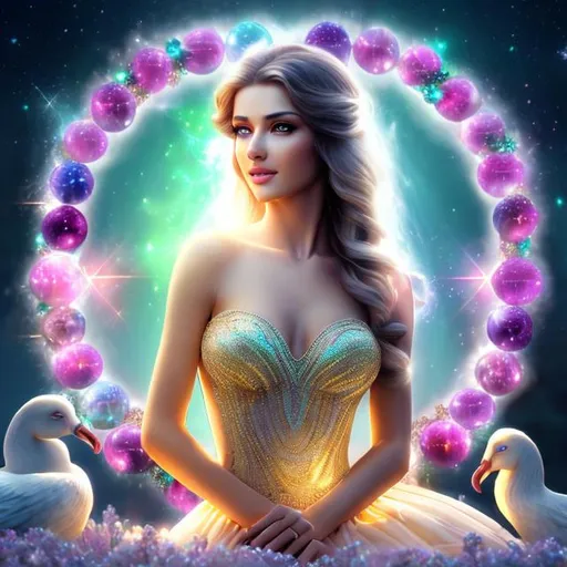 Prompt: HD 4k 3D 8k professional modeling photo hyper realistic beautiful young woman ethereal greek goddess of peace
teal hair hazel eyes gorgeous face tan skin beautiful shiny dress tiara jewelry holding sceptre and torch full body surrounded by magical glowing peaceful light hd landscape background bubbles doves and lambs