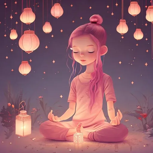 Prompt: little girl with rose gold pinkish hair and meditating with lanterns colorful storybook illustrations 