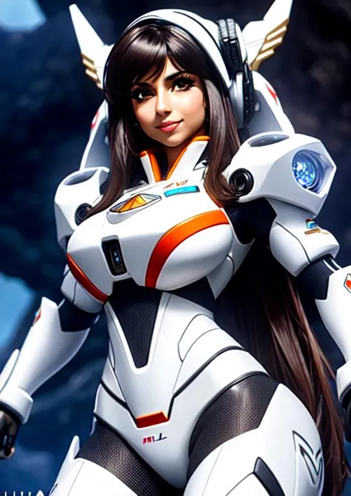 Prompt: Mix of Mia Khalifa and Lacey Chabert, messy hair, small body, white mech suit, standing over beast, full body, jewelry set balayage wild hair, royal vibe, UHD, 8K, Very Detail. cave, masterpiece. portrait, happy face