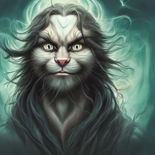 Prompt: creepy long haired cat man with beautiful eyes, magical land, wise expression