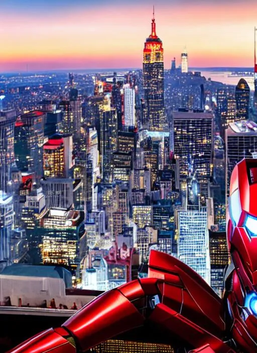 Prompt: Tony stark zombie iron man in red and blue armor suit, new York city in background highly detailed wide frame