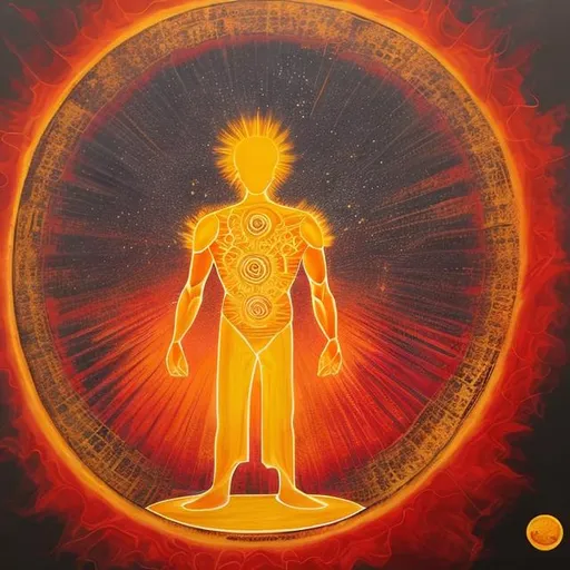 Prompt: super-consciousness style painting, A man's silhouette standing centred and  frontwise with the sun located in the solar plexus representing the force of will 