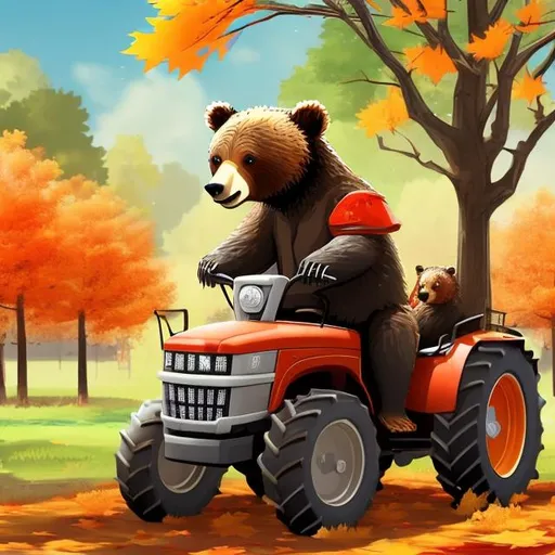 Prompt: Bear wearing samurai armor riding a farming tractor in park with maple trees in autumn