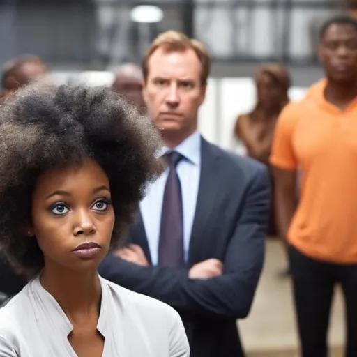 Prompt: One black lady with a white man behind her looking at her uncomfortably

