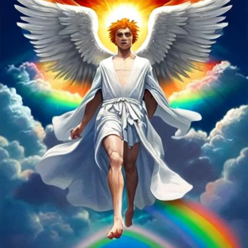 Prompt: mighty angel coming down from heaven, robed in a cloud, with a rainbow above his head; his face like the sun, and his legs like fiery pillars