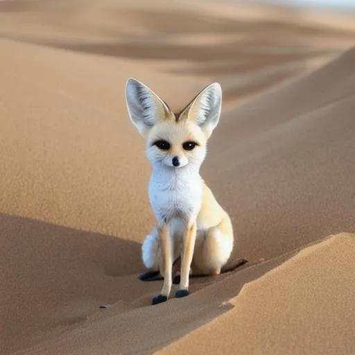 Prompt: A little sandy colored fennec fox sitting on a sand dune.