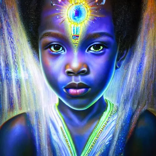 Prompt:  African American child with third eye awakening , photo realistic, hyperrealism, art station, HD, 4K, dynamic lighting, hyper detailed very hard pencil strokes line art,intricate iridescent glowing light reflection, hyper detailed strong shading,impressionist painting, key visual, precise line art, cinematic, masterfully crafted, 8k resolution, beautiful, stunning, ultra detailed, expressive, hyper maximalist, colorful, rich deep color, brush strokes, pencil strokes, UHD, HDR, UHD render, high quality 3D anime art, 3D render cinema 4D, digital painting, perfect composition, 16k upscaled image, illustration, key visual, precise line art, cinematic, masterfully crafted, 8k resolution, beautiful, stunning, ultra detailed, expressive, hyper maximalist,  rich deep color, brush strokes, pencil strokes, UHD, HDR, UHD render, high quality 3D anime art, 3D render cinema 4D, digital painting, perfect composition, 16k upscaled image, illustration, impressionist painting
