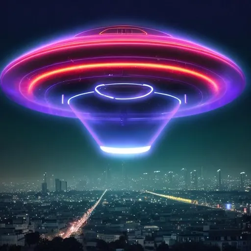 Prompt: Giant ufo looking at a city dark futuristic neon