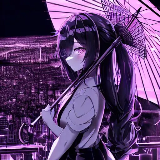 Prompt: An anime girl with an umbrella on the foreground. She is drawing with pencil and in black and white. On the background a Cyberpunk city with a lots of neon lights. 
