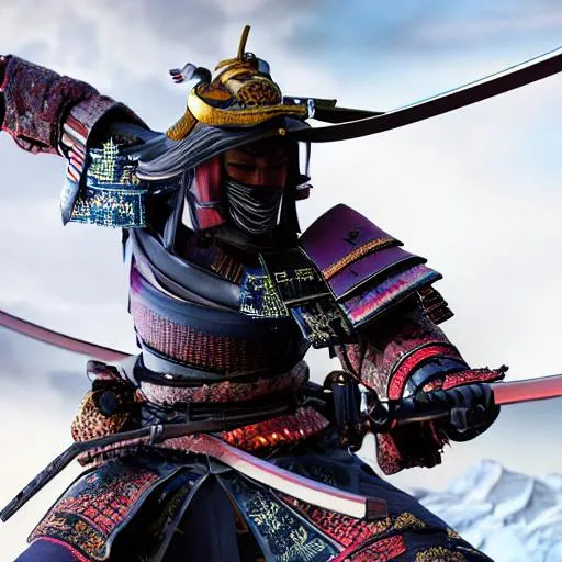 Prompt: UHD, 8K, Ultra photorealistic, of a samurai, during a battle, with fury in his heart, and rage streaming through his body, has extremely detailed photorealistic traditional japanese samurai armour, and a photorealistic samurai helmet, and is holding a photorealistic katana with the fire reflecting off of the katana, zoomed out to show full body.