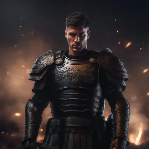 Prompt: A modern roman military male in black military roman armor, background sci fi war, Hyperrealistic, sharp focus, Professional, UHD, HDR, 8K, Render, electronic, dramatic, vivid, pressure, stress, nervous vibe, loud, tension, traumatic, dark, cataclysmic, violent, fighting, Epic