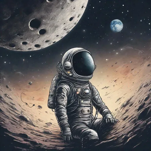 Prompt: Color picture, there is an astronaut on the moon. He is floating in the sky with headphones on and listening to music. Behind him is the endless void and stars, the dark side of the moon.
