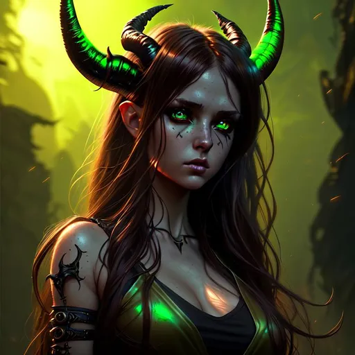 Prompt: Ultra Photo Realistic, Very Detailed, young beautiful girl, demon horns, Brown long Hair, green  eyes, modern clothes, very detailed eyes, eyeliner, hd, high definition, 8k resolution, full body, art station, by justing gerard and greg rutkowski, digital art, Dark Ambiente Inferno Background, 