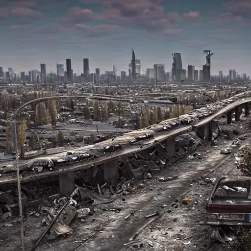 Prompt: Realism. Post-apocalypse. An overpass with a lot of destroyed cars on it. Behind it you can see a city with low dilapidated houses of 8k. Photography. Ultra detailed.