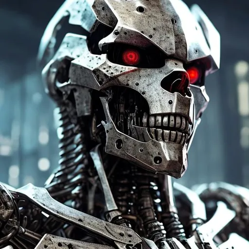 Prompt: Killer robot, realistic, metalic texture, similar to skeleton, red eyes