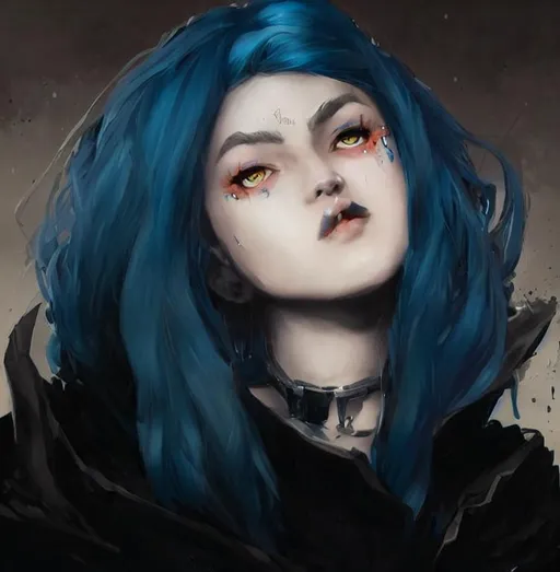 Prompt: a blue haired young girl with black lips 
art by artgerm and felix englund and greg rutkowski