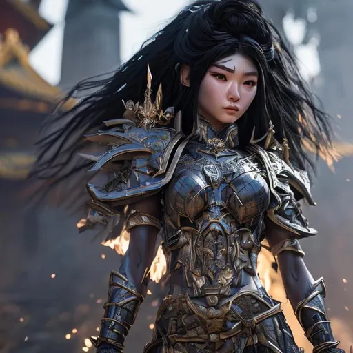 Prompt: Hghly detailed goddes with longest Black hair unreal engine 5 Wearing a dark armor and carrying an doomed samurai sword and fighting a war
