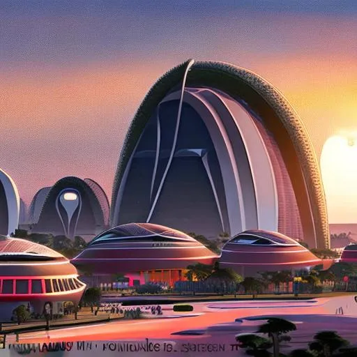 Prompt: future city, in Afrika, rounded and spikey architecture, in sunset