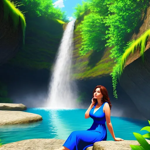 Prompt: woman crying sitting outside, blue dress, river, waterfall, canyon, vegetation, spring, flowers, photo realistic, realistic, high quality, 8K, 4K, wallpaper